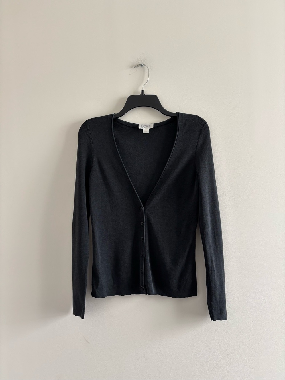 VTG LOFT Cardigan Sweater Black Silk Blend V-Neck Women S Minimalist 90s Classic